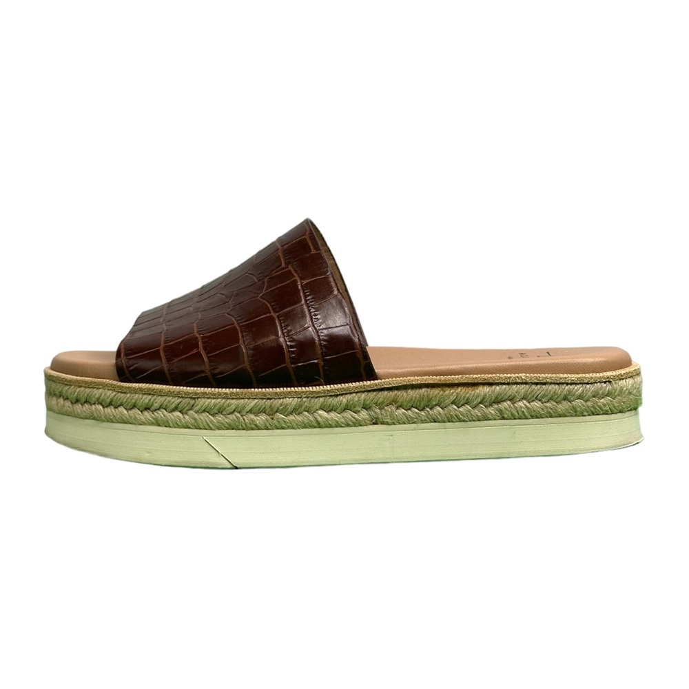 Brown Croc-Embossed Slide Sandal with Braided Espadrille Platform